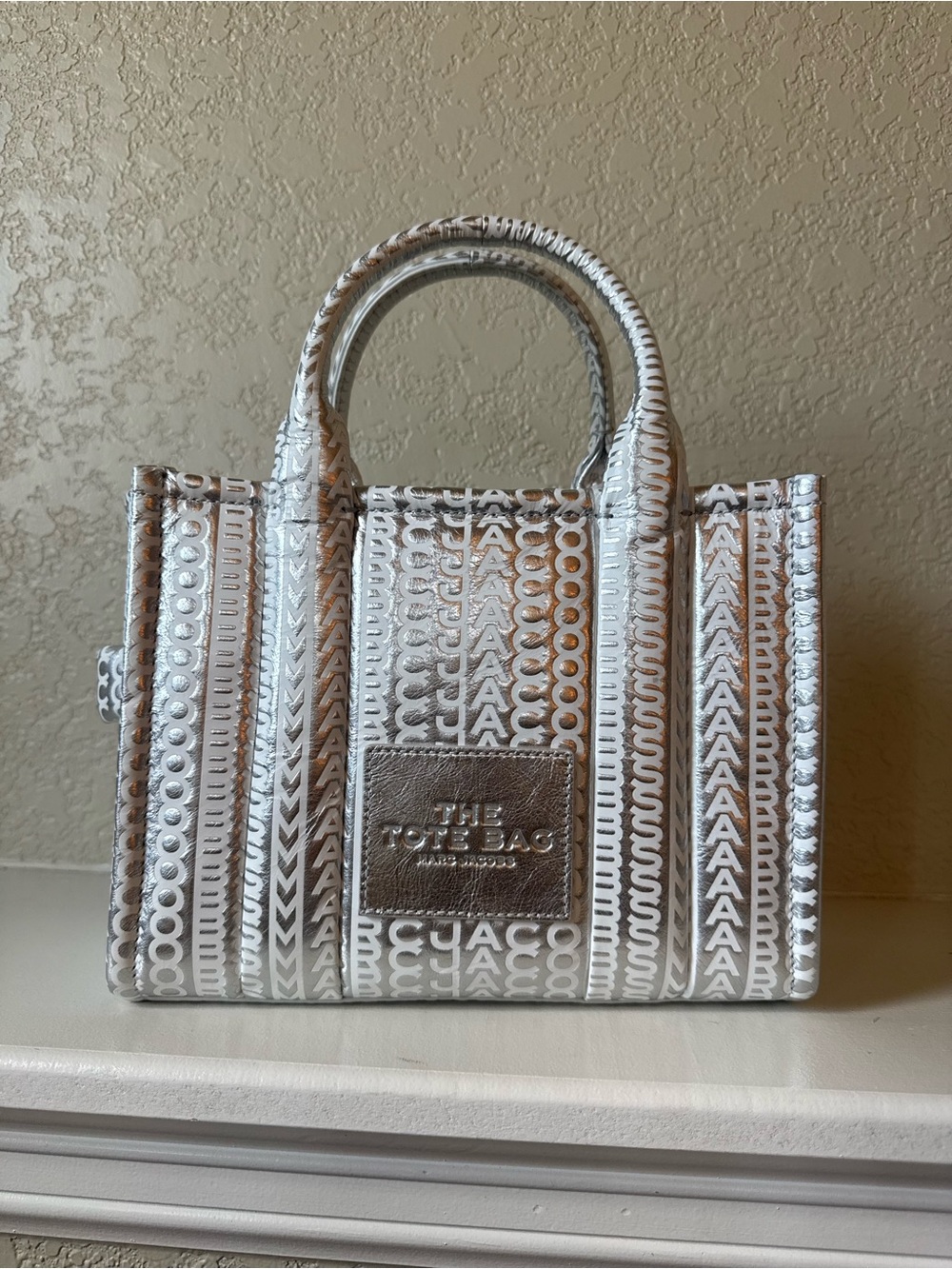Marc Jacobs Metallic Silver Monogram Mini Tote Bag Crossbody